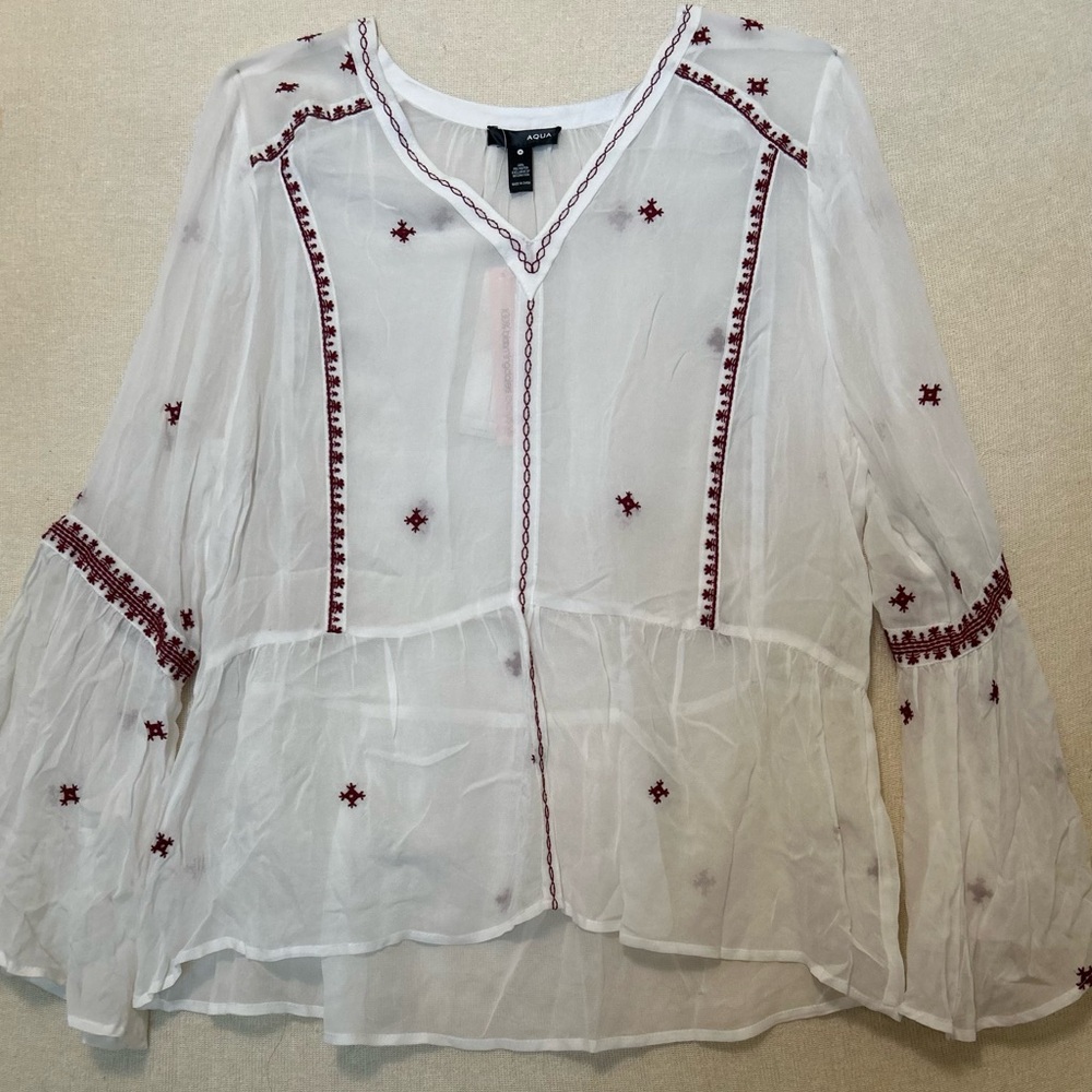 Aqua White Blouse with Red Embroidery